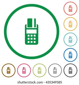 Set of POS terminal color round outlined flat icons on white background