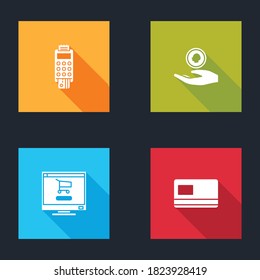 Set POS terminal with credit card, Hand holding coin money, Shopping cart computer and Credit icon. Vector.