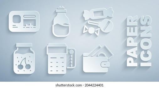 Set POS terminal with credit card, Candy, Jam jar, Wallet money, Spice can and Identification badge icon. Vector