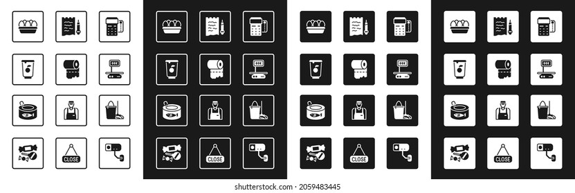 Set POS terminal with credit card, Toilet paper roll, Yogurt container, Chicken egg box, Electronic scales, Shopping list and pencil, Mop bucket and Canned fish icon. Vector