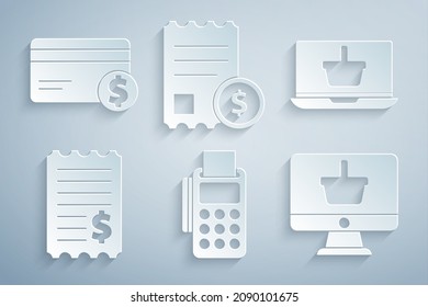 Set POS terminal with credit card, Shopping basket on laptop, Paper check and financial check, Monitor shopping,  and Credit dollar icon. Vector