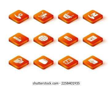 Set POS terminal with credit card, Wallet, Hanging sign Closed, Worldwide, Online shopping on phone, Credit lock and Mobile and cart icon. Vector