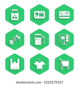 Set POS terminal with credit card, T-shirt, Shopping cart, on computer, Paper shopping bag, Credit and Jam jar icon. Vector
