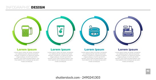 Set POS terminal with credit card, Yogurt container, Canned fish and Cash register machine. Business infographic template. Vector