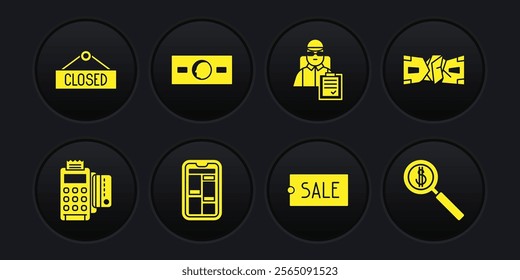 Set POS terminal with credit card, Online shopping phone, Price tag text Sale, Delivery man cardboard boxes, Paper, Magnifying glass and dollar and Hanging sign Closed icon. Vector