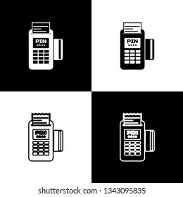 Set POS terminal with inserted credit card and printed reciept icons isolated on black and white background. NFC payment concept. Line, outline and linear icon. Vector Illustration