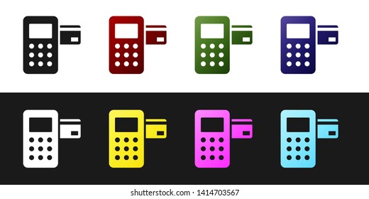 Set Pos terminal with inserted credit card icon isolated on black and white background. Payment terminal transaction. Vector Illustration