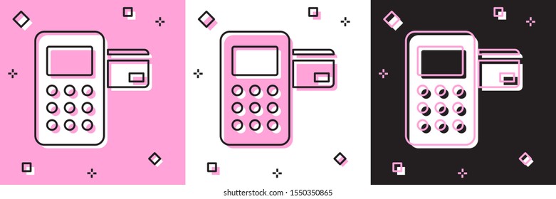 Set Pos terminal with inserted credit card icon isolated on pink and white, black background. Payment terminal transaction.  Vector Illustration
