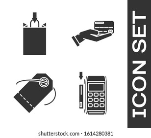 Set Pos terminal with inserted credit card, Paper shopping bag, Blank label template price tag and Human hand holding with credit card icon. Vector