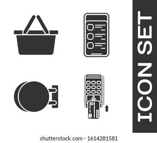 Set Pos terminal with inserted credit card, Shopping basket, Signboard hanging and Online shopping on mobile phone icon. Vector