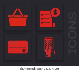 Set Pos terminal with inserted credit card, Shopping basket, Paper check and financial check and Credit card icon. Vector
