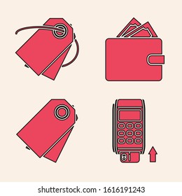 Set Pos terminal with inserted credit card, Blank label template price tag, Wallet with stacks paper money cash and Blank label template price tag icon. Vector