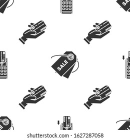 Set Pos terminal with inserted credit card, Price tag with an inscription Sale and Human hand holding with credit card on seamless pattern. Vector
