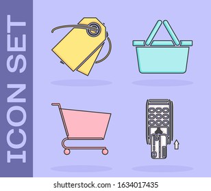 Set Pos terminal with inserted credit card, Blank label template price tag, Shopping cart and Shopping basket icon. Vector
