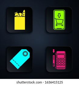 Set Pos terminal with inserted credit card, Paper shopping bag and food, Blank label template price tag and Mobile phone and shopping cart. Black square button. Vector