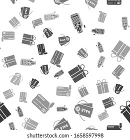 Set Pos terminal with inserted credit card, Price tag with an inscription Sale, Gift box and Credit card on seamless pattern. Vector