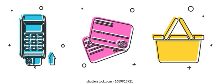 Set Pos Terminal mit eingesteckter Kreditkarte, Kreditkarte und Warenkorb Symbol. Vektorillustration