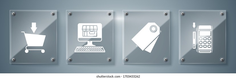 Establezca el terminal Pos con la tarjeta de crédito insertada, la etiqueta en blanco, la etiqueta de precio de la plantilla, el edificio de compras en el equipo de pantalla y Agregar al carro de compras. Paneles de vidrio cuadrado. Vector