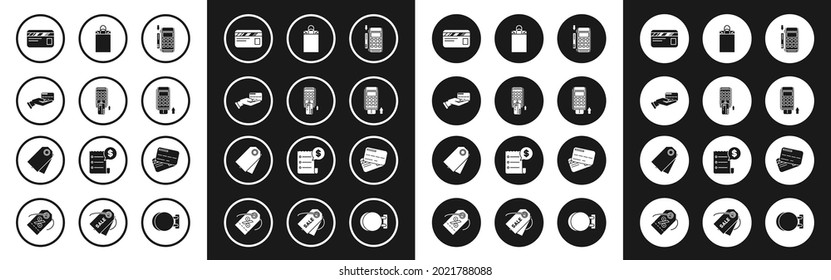 Set Pos terminal with inserted credit card, Human hand holding, Credit, Paper shopping bag,  and Blank label template price tag icon. Vector