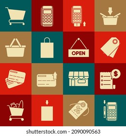 Set Pos terminal with inserted credit card, Paper check and financial check, Blank label template price tag, shopping bag, Shopping basket, cart and Hanging sign text Open door icon. Vector