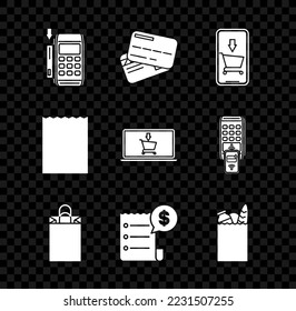 Set Pos terminal with inserted credit card, Credit, Mobile phone and shopping cart, Paper bag, check financial check, food,  and Shopping screen laptop icon. Vector