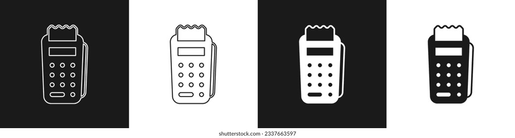 Establezca el terminal POS con la tarjeta de crédito insertada y el icono de recirpe impreso aislado en fondo blanco y negro. concepto de pago de NFC.  Vector