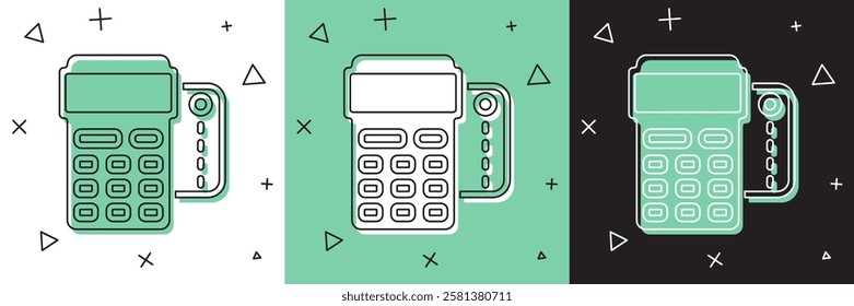 Set POS terminal with inserted credit card and printed reciept icon isolated on white and green, black background. NFC payment concept.  Vector