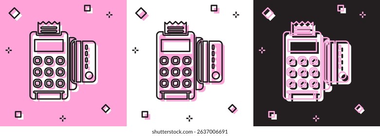 Set POS terminal with inserted credit card and printed reciept icon isolated on pink and white, black background. NFC payment concept.  Vector Illustration