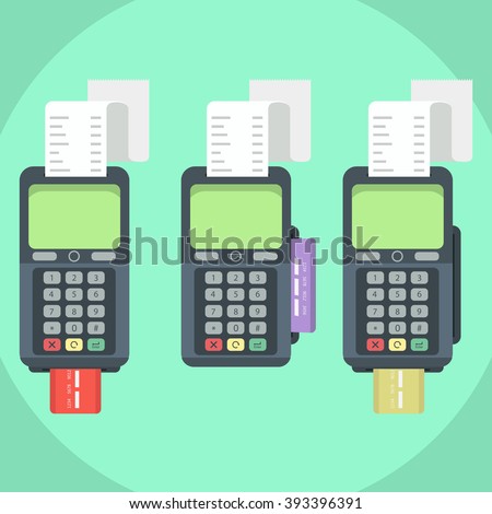 Set of POS terminal with inserted credit card and printed reciept. Modern flat design element.Vector illustration