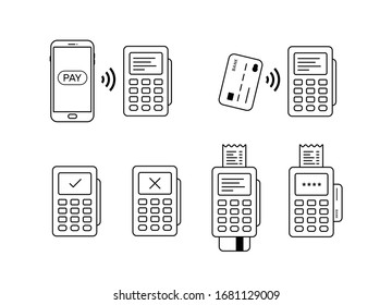 Set of pos terminal mobile and credita card payment icons. Success and Failed operation. Contactless payments.