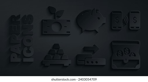 Set Pos terminal, Money payment transfer, Gold bars, Treasure chest, Piggy bank and plant the pot icon. Vector