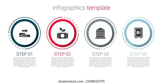Set Pos terminal, Money plant the pot, Bank building and Safe. Business infographic template. Vector