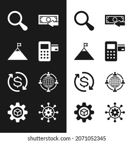 Set Pos terminal, Mountains and flag, Magnifying glass, Cash back, Return of investment and Outsourcing concept icon. Vector