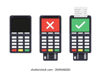 Set of POS terminal: Off, Rejected , and Accepted, with receipt. Vector illustration in flat design
