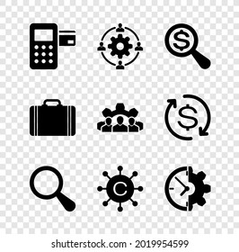 Set Pos terminal, Outsourcing concept, Magnifying glass and dollar, , Copywriting network and Clock gear icon. Vector