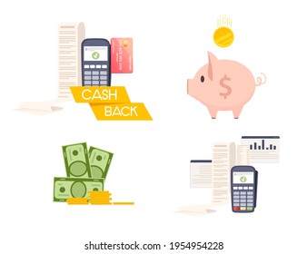 Set of POS terminal payment machine with paper bill check and piggy bank approve transaction concept vector illustration on white background