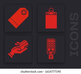 Set POS terminal with printed reciept and confirms the payment by smartphone, Blank label template price tag, Paper shopping bag and Human hand holding with credit card icon. Vector