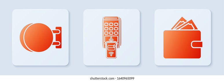 Set POS terminal with printed reciept and confirms the payment by smartphone, Signboard hanging and Wallet with stacks paper money cash. White square button. Vector