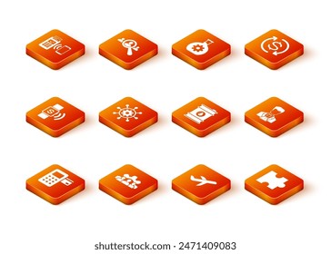 Establecer terminal de Pos, base del equipo del proyecto, pago sin contacto, gestión, Plano y Barril de aceite icono. Vector