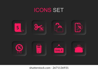 Set POS terminal, Scissors cuts discount coupon, Paper check and financial check, Hanging sign with text Sale, Percent phone, Wallet, shopping bag and Discount percent tag icon. Vector