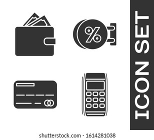 Set Pos terminal, Wallet with stacks paper money cash, Credit card and Signboard hanging with an inscription discount percent icon. Vector