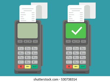 Set of POS terminals with check. Flat design. Vector illustration. EPS10.