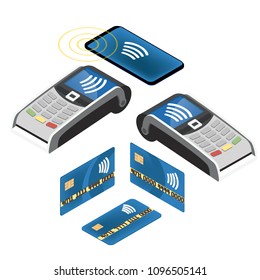 a set of pos terminals and credit cards. Payment is non-contact. Isometric 3d