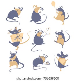 Set pose mouse, rat with balloon, cheese, box, isolated on white background. Wild rat with long tail. Sketch vector illustration.  