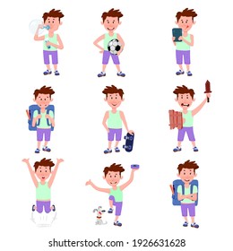 A set of poses of a boy leading an active lifestyle.