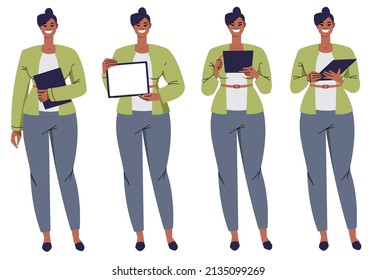  Set of poses of a business woman holding a tablet. Dark-skinned woman with a tablet. Using, holding, typing, showing blank screen. Vector illustration isolated on white background.