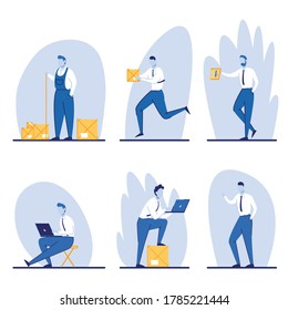 Set of poses businessman and courier. Flat vector icon.