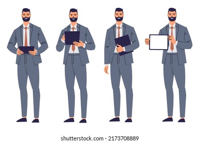 Conjunto de poses de un empresario que sostiene una tableta. Usar, mantener en la mano, introducir texto, mostrar pantalla en blanco. Hombre con barba, trabajador de oficina, líder. Ilustración vectorial aislada en fondo blanco.