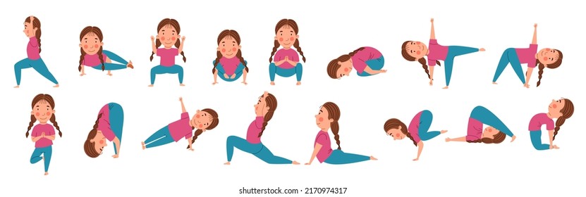 Set of poses for children s yoga. A girl with pigtails is doing yoga.