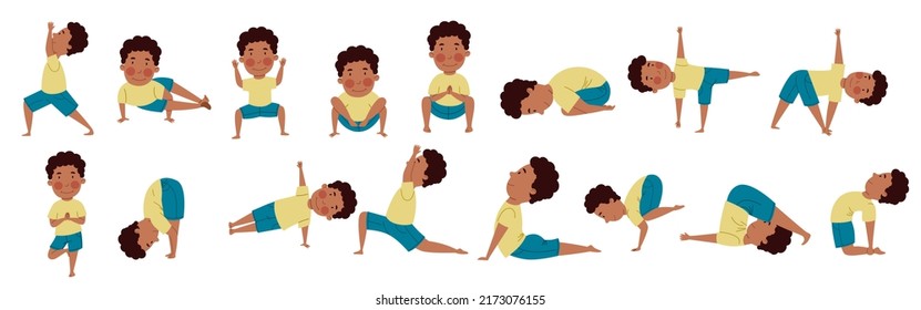 Set of poses for children s yoga. African American boy doing yoga.